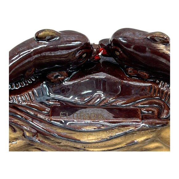 Florida Dolphin Kissing Ashtray Mid Century Retro Brown Glazed Pottery Japan - Picture 2 of 8